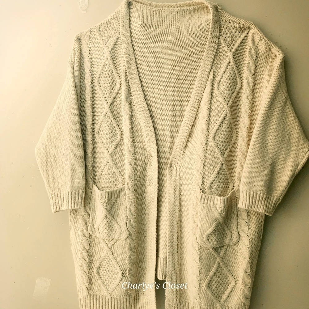 Bloomchic Cream‎ Cable Knit Cardigan Sweater Plus Size 22-24 Open Front Pockets - Picture 5 of 7